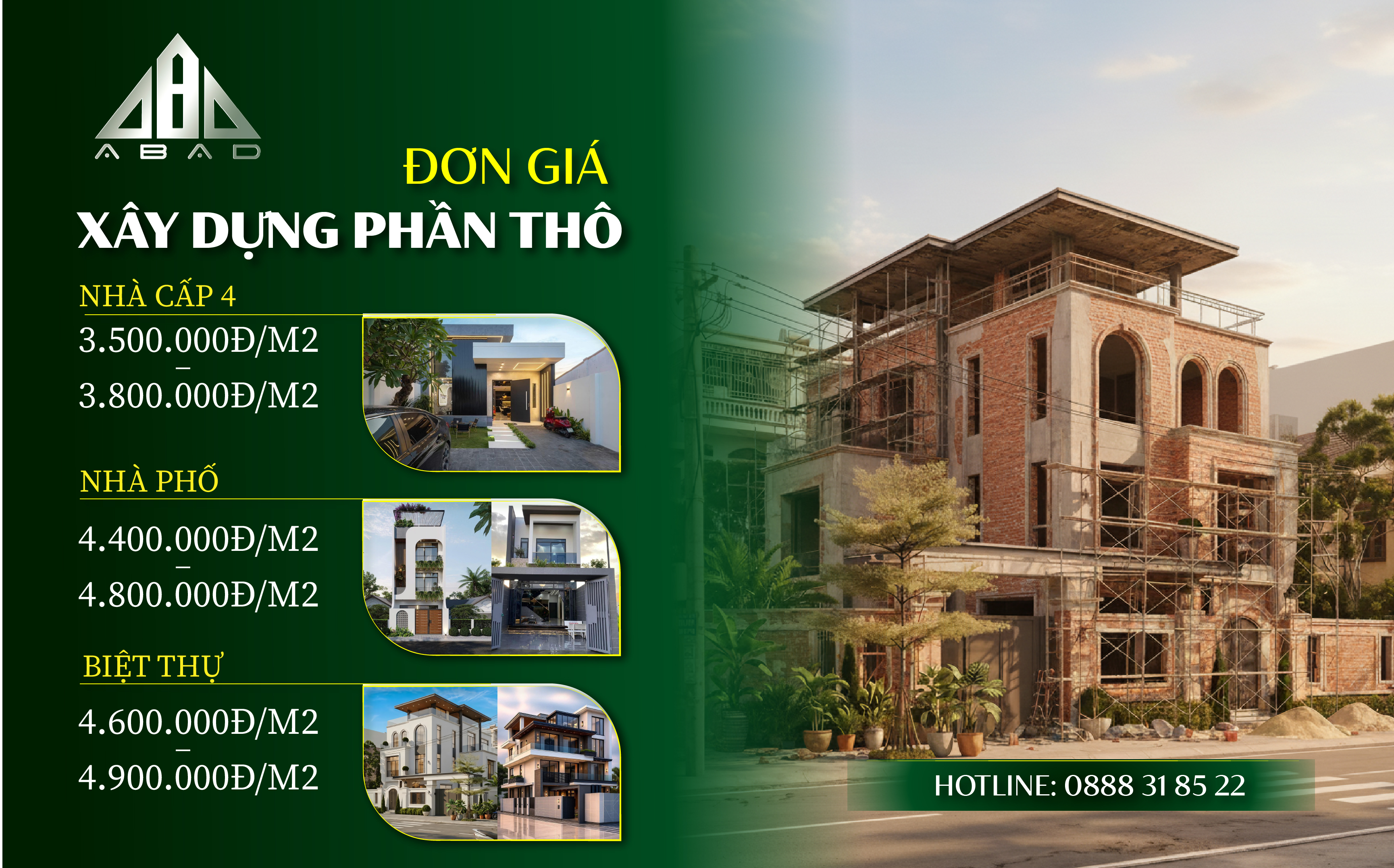 Báo Giá Xây Dựng Phần Thô Mới Nhất 2026 | Thi Công Uy Tín – ABA Design